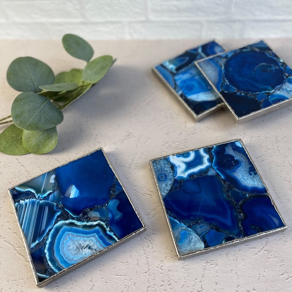 Blue Agate Crystal Coasters, Bohemian Home Decor, Crystal Rock, Silver Edge